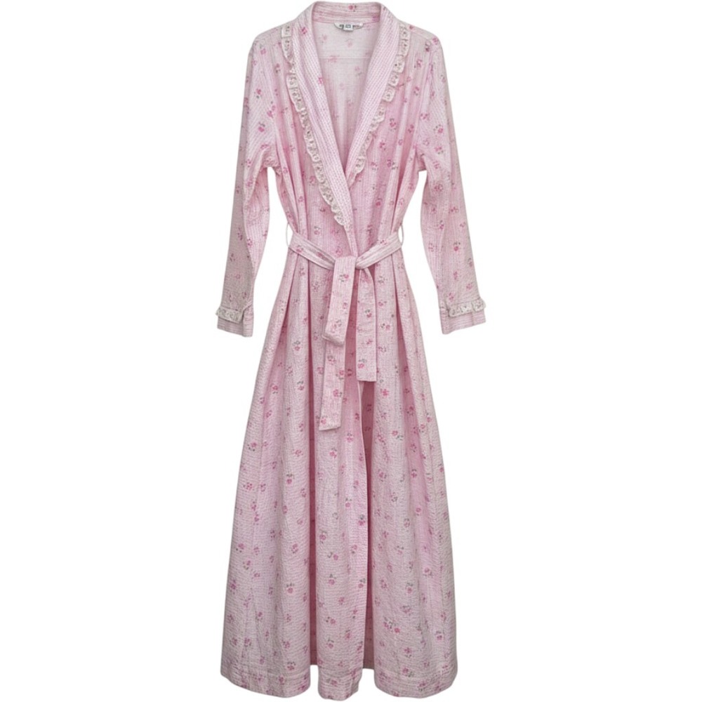 Miss Elaine Vintage Pink Seersucker Floral Lace Trim Long Robe Housecoat